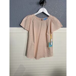 Cece Blush Pink Embroidered Short Wide Sleeve Keyhole Blouse Womens Size XXS NWT